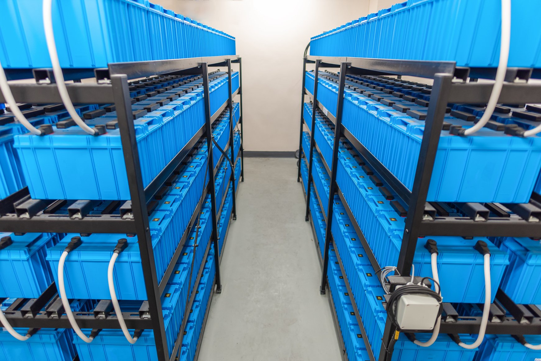 Battery room,Rows of batteries in industrial backup power system.